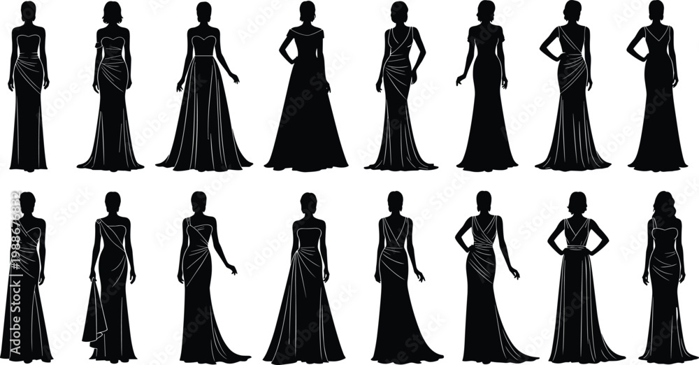 Fototapeta premium Collection of diverse women silhouettes in stylish dresses on transparent background.