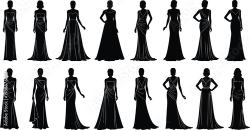 Collection of diverse women silhouettes in stylish dresses on transparent background.