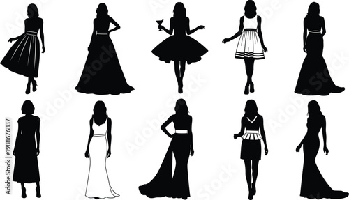 Assortment of female silhouettes in dresses, including short and long styles.