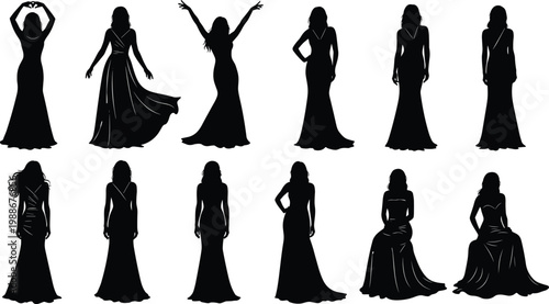 Set of diverse woman silhouettes in elegant evening gowns and dresses.