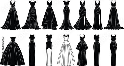 Collection of modern and classic evening gowns with flowing skirts and details.