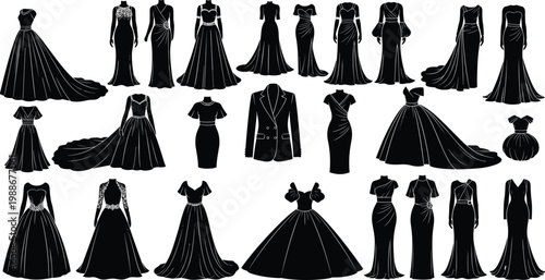 Diverse collection of black silhouette dresses and women's fashion items.