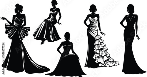 Elegant silhouettes of women in glamorous evening gowns on transparent background.
