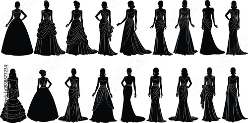 Compilation of diverse women silhouettes in stylish and formal evening dresses.