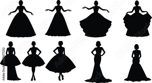 Set of black silhouettes of women in diverse formal dresses for special occasions.