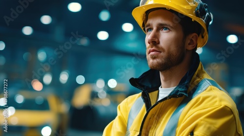 Male industrial worker in reflective gear and hard hat on a factory floor, ideal for manufacturing leadership and safety communication.