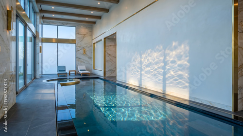 Luxury indoor swimming pool with modern design and natural light