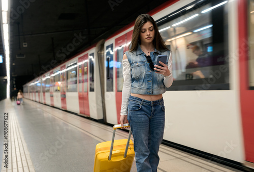 Tourist woman using smartphone at subway platform