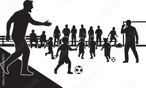 Silhouette of soccer players and spectators on a field, Generative Ai