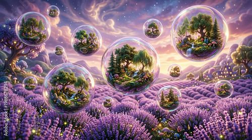 Enchanted landscape with bubbles and lavender fields at sunset  