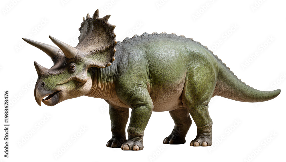Obraz premium Green Triceratops dinosaur with three horns and frill, isolated on transparent background