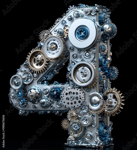 The Number Four is depicted in a technological style as a 3D digit assembled from mechanical parts, standing on a reflective black background in an orthographic view, created using 3D rendering