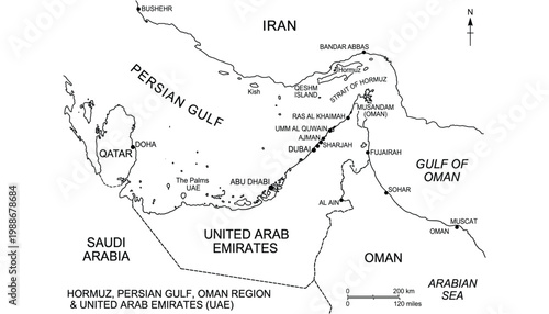 Map of Persian Gulf region including Strait of Hormuz and United Arab Emirates vector illustration transparent.