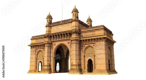 Gateway of India monument isolated on white background depicting Mumbai landmark.