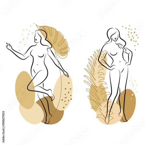 Collection. Silhouette of a cute lady and plant leaves. The girl is standing. The woman has a beautiful naked figure. She is young and slim. Vector illustration set