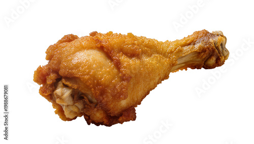 Crispy golden fried chicken drumstick with visible bone, isolated on transparent background