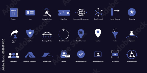 Collection of 24 blue icons representing immigration, travel, and global connectivity concepts.