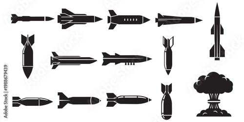 Missile, bomb, and rocket silhouette vector set. Military weapons and nuclear explosion mushroom cloud icons.