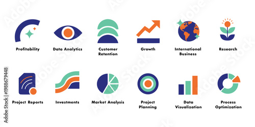 Set of 12 business solution icons for growth, analytics, planning, and international business.