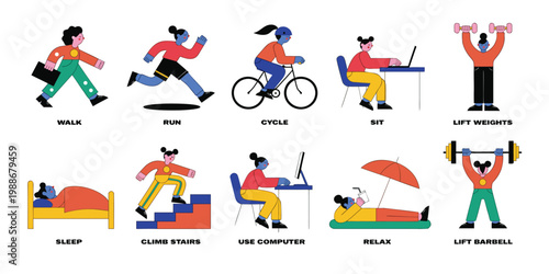 Diverse people engaged in various daily activities, including exercise, work, and relaxation.