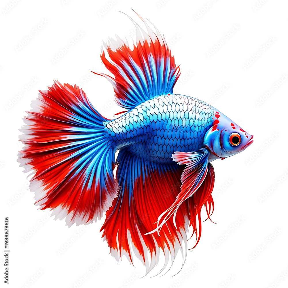 Fototapeta premium Red and blue betta fish isolated on white background, tropical aquarium fish with copy space