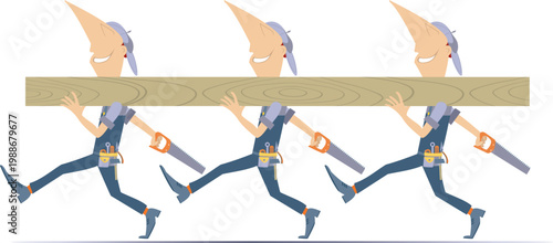 Construction workers with hacksaws and big wood board