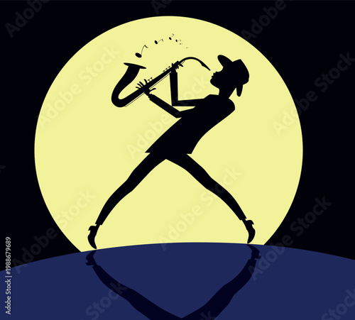 Musician playing saxophone against the background of the moon