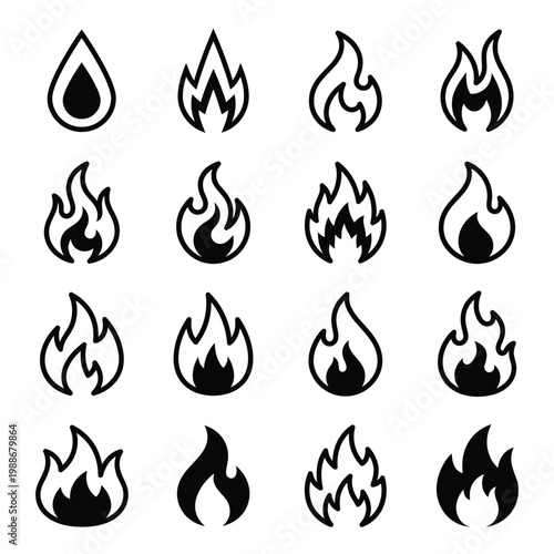 Fifteen Flame Icons Set with stylized fire shapes