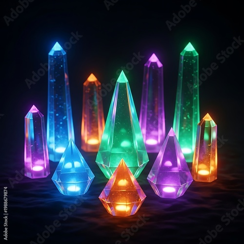 Array of glowing crystals in vibrant neon colors on a dark, textured surface