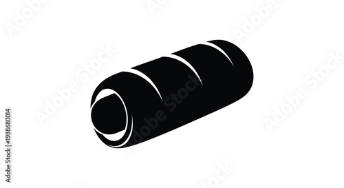 A simple black and white illustration depicts a rolled up cylindrical object possibly a carpet