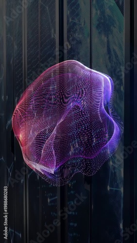 On play lit ribbon mesh unfolding and rotating over tech wall showing particle paths for creators