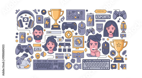 A playful illustration of gaming essentials. Perfect for blogs, websites, or marketing related to video games, esports, or tech reviews. The lighthear