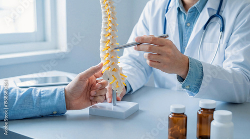 A doctor points to a spine model during a medical consultation with a patient, discussing back pain and spinal health in a clinic
