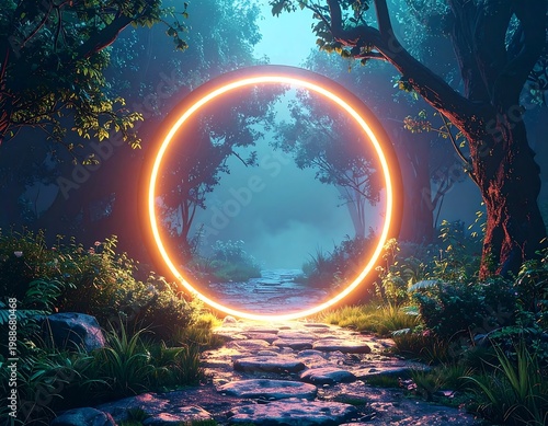 A vibrant, glowing portal illuminates a path through a lush forest, hinting at mystery and a journey's beginning