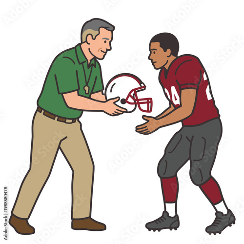 Football helmet handoff between coach and player on field