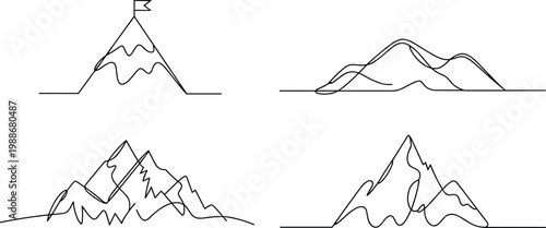 Black and white line of mountain ranges with varying peaks and slopes line mountain ridge