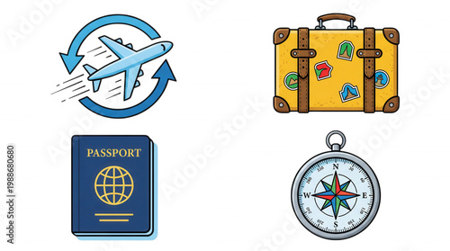 Travel adventure vector icons featuring airplane suitcase passport and compass isolated on black background