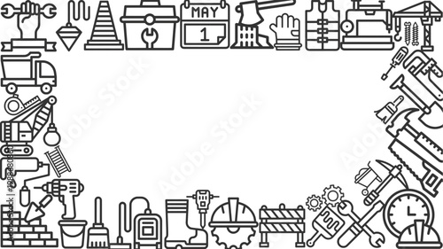 Happy Labour Day, worker day greeting card with line art style construction tools forming decorative border frame Illustration on white background for posters, banners, social media and holiday design