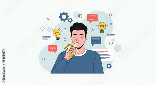 A man happily eating a banana surrounded by various technology and communication icons in a modern flat vector illustration.