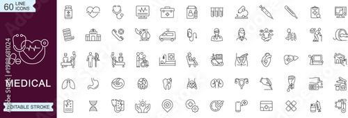 Comprehensive medical healthcare line icons set editable stroke hospital equipment doctor patient symbols vector collection for apps websites and infographics 
