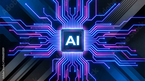 Artificial intelligence AI chip on glowing neon circuit board