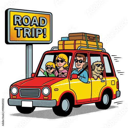 Family and dog in car on road trip with luggage on roof