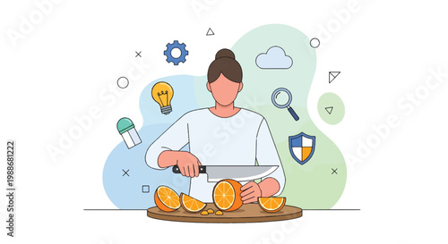A woman prepares sliced oranges on a cutting board surrounded by icons.