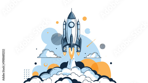Creative rocket ship launching through clouds and stars into space representing startup innovation and ambition.