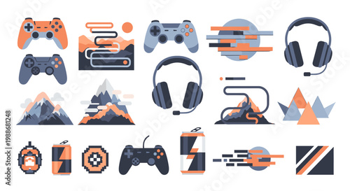 A playful, retro illustration depicting a pixelated explorer and drink against a mountain backdrop. Perfect for gaming, outdoor lifestyle content, or 