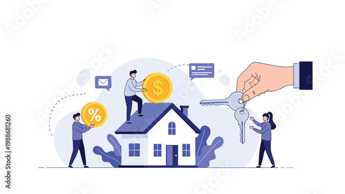 Real estate mortgage and home loan concept with people contributing coins to buy a house with a large set of keys.