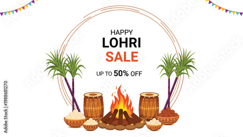 Lohri festival sale banner offering fifty percent discount with traditional symbols like bonfire, drums, and food.