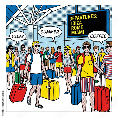 Pop art airport departure hall with summer travelers and flight delays