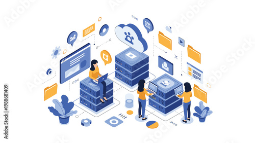 Isometric server room and data center with characters managing digital information storage and cloud networking.