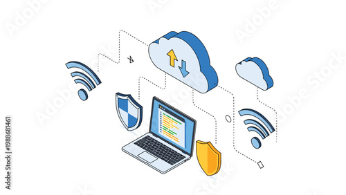 Isometric illustration of a laptop connected to cloud storage services with data sync, wireless signals, and security shields.